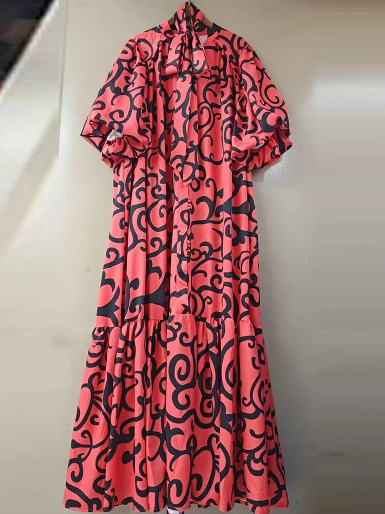 Maxy Elegant single-breasted bubble short sleeve geometric printing casual loose dress summer ladies temperament lace-up dress