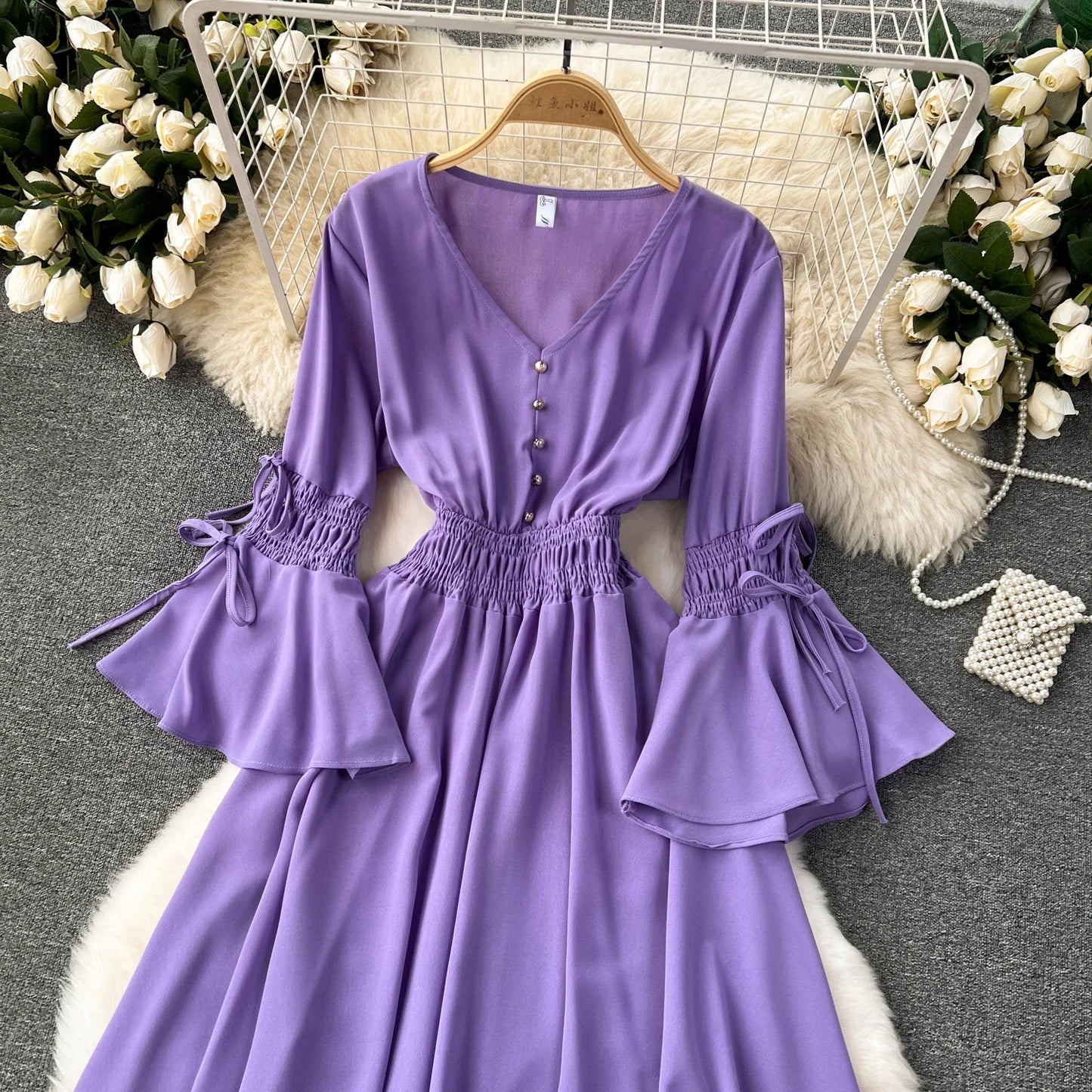 Maxy Purple/Green/Red Pleated Maxy Long Dress Women Vintage V-Neck Flare Sleeve Draped Ruffle Female Maxy Robe Summer