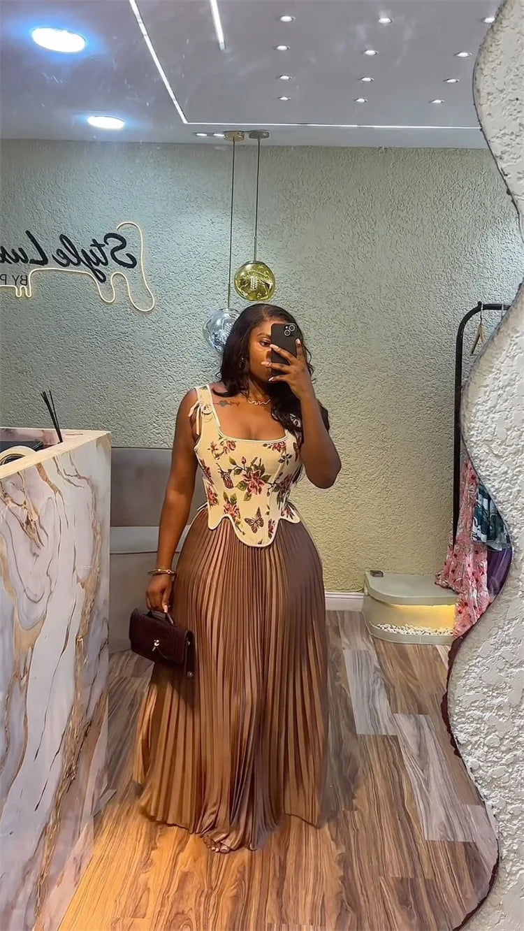 Maxy CM.YAYA Women's Set Floral Print Waist-cinching Vest +Pleated Long Skirts Suit 2025 Party Evening Street Two 2 Piece Set Outfit