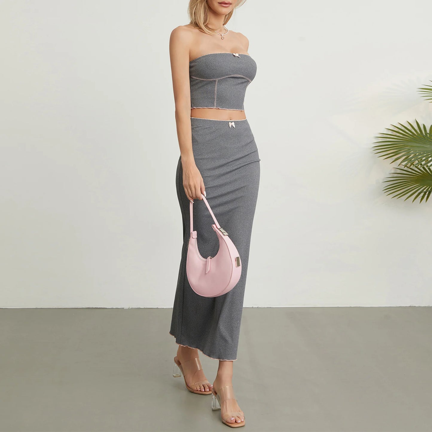 Maxy Elegant Summer 2Pieces Tube Tops Skirt Suits Chic Women's Bow Strapless Backless Crop Top with Long Skirt Street Clubwear