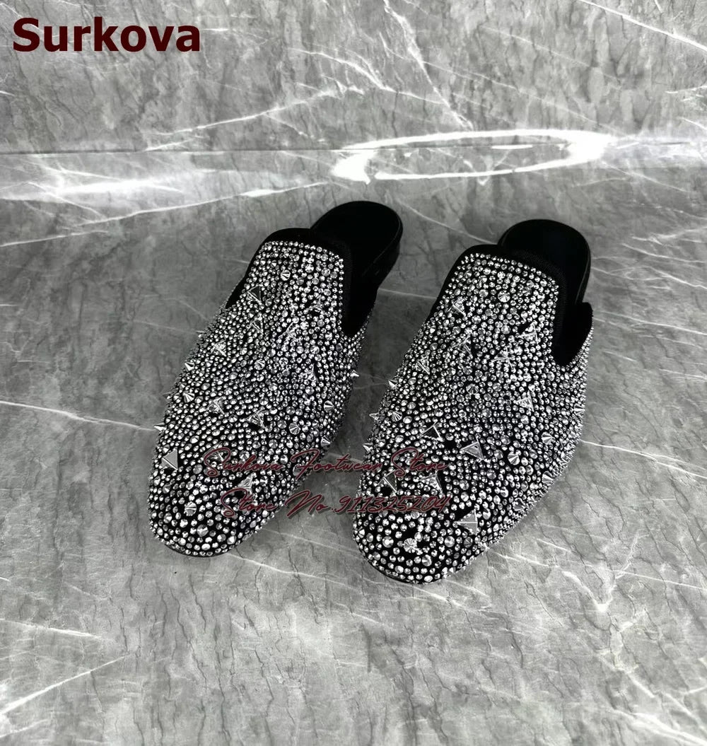 Maxy Surikova Men's Bling Silver Crystal Flat Slippers Metallic Rivets Loafers Slip-on Glittering Rhinestone Dress Shoes Mules