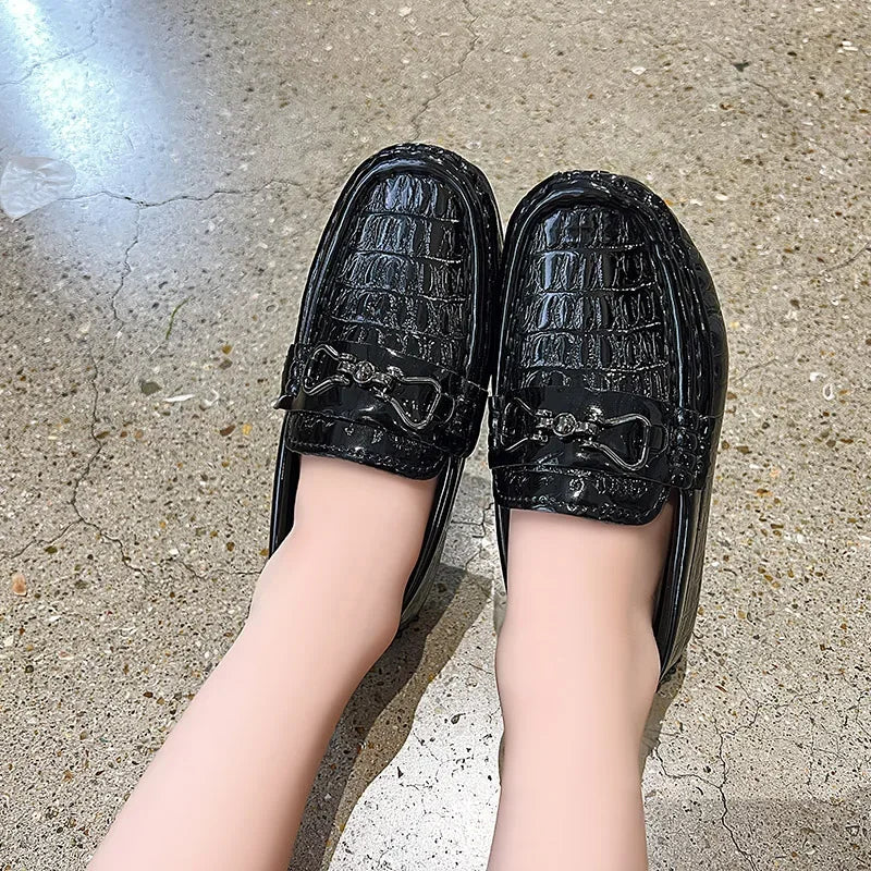 Visco Boys Leather Shoes Round-toe Flat Soft Kids Fashion Casual Loafers Glossy Metal Buckle Children Moccasins Non-slip Britain Style