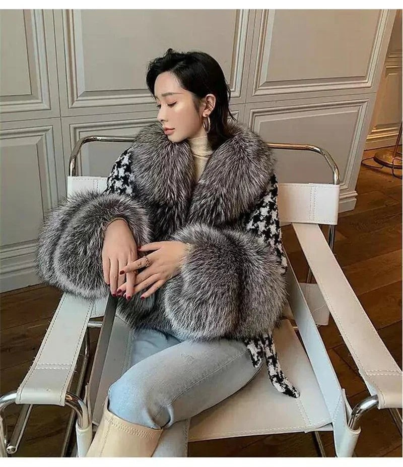 Babs Fox Fur Grass Coat Women Short Thousand Bird Grid Double Faced Fleece Collar 2024 Small Fragrant Style Imitation Fur Coat Female