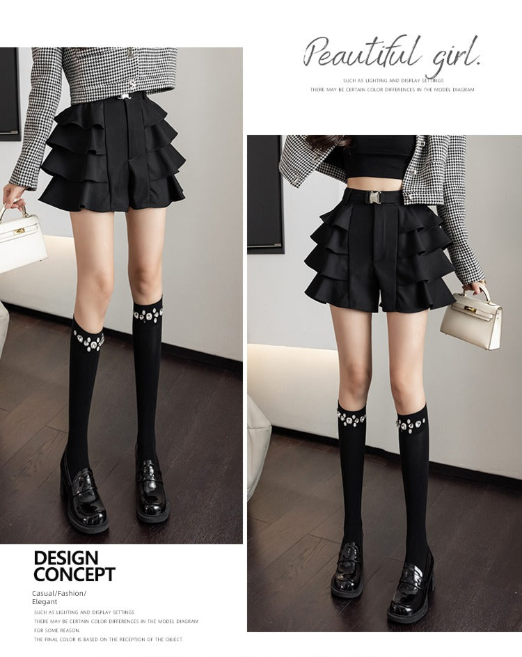 Babs Spring and Autumn Well-Designed Black Shorts Cake A- line Skirt