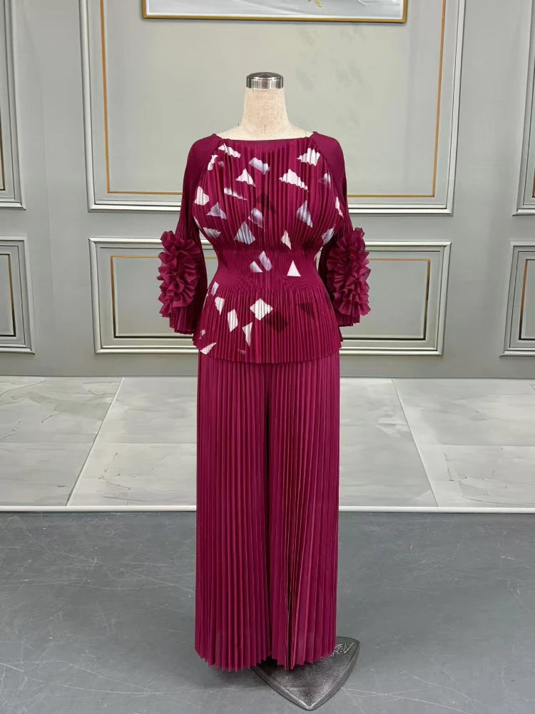 Maxy Pleated Print Pants Set Women O-Neck 3D Flowers T Shirt + Wide Leg Trousers Loose New 2025 Female Two Piece Sets