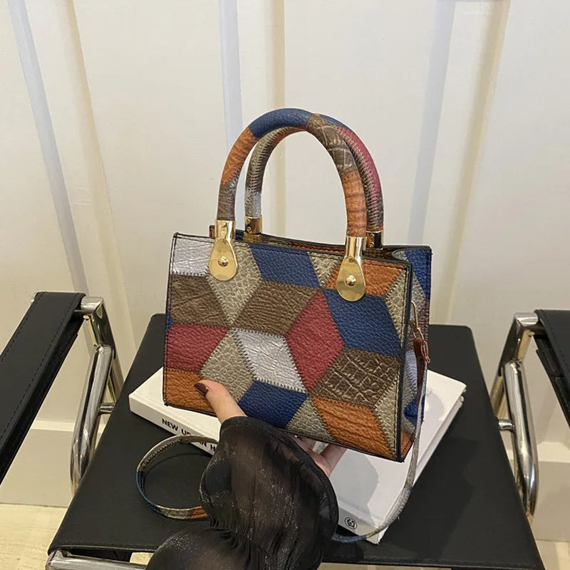 Maxy Fashion Patchwork Leather PU Top-handle Bags For Women, Square Design Ladies Handbags Crossbody Shoulder Bags For Daily Used