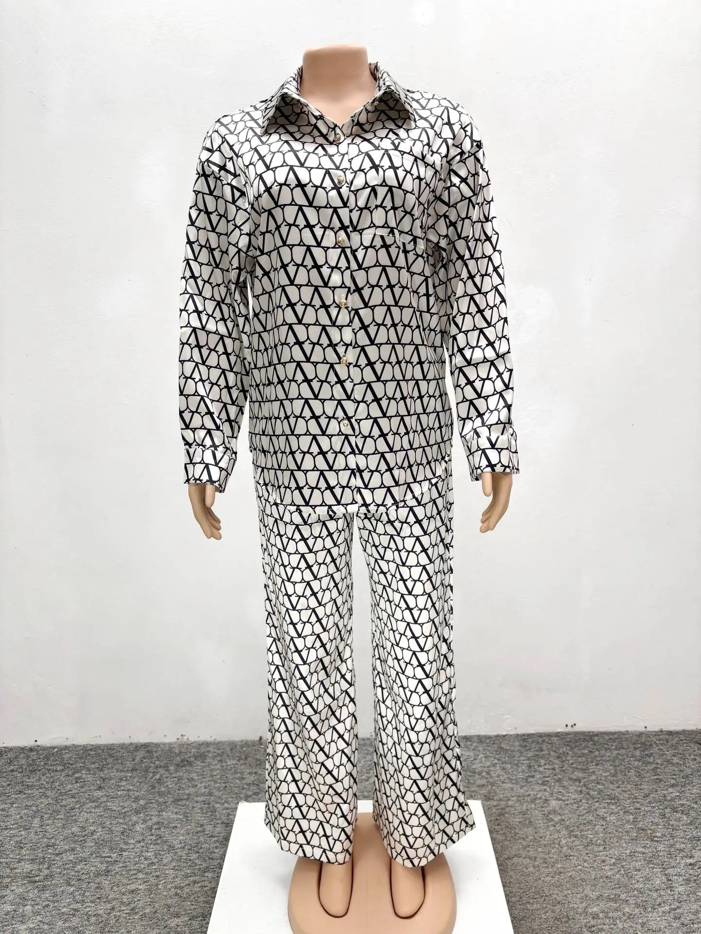 Maxy Print 2 Piece Sets Women Hipster Lapel Full Sleeve Oversized Blouse and Wide Leg Pants Matching Y2K Streetwear