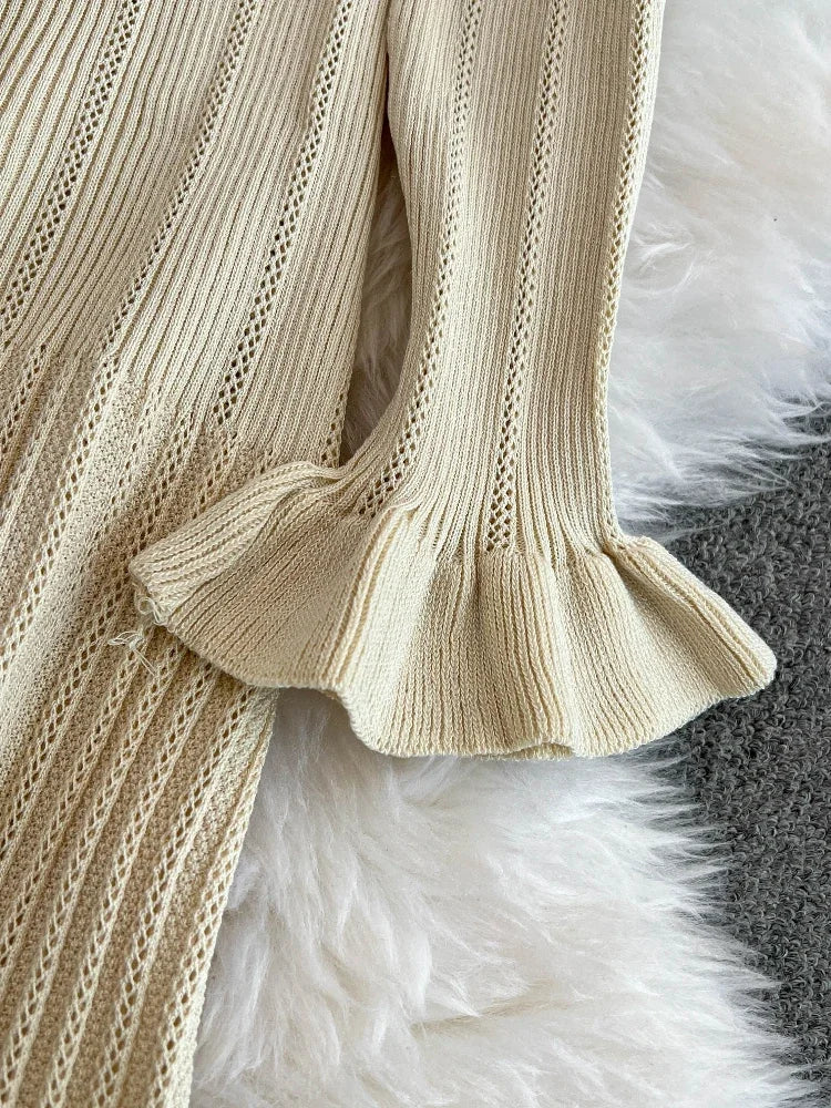 Women Casual Elegant Office Dress Winter New Style with Black Fungus Edge Single Breasted Fish Tail Knitt High Waist Slim Dress