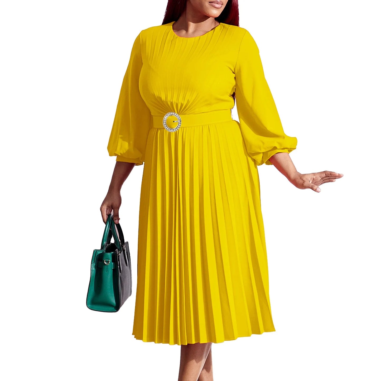 Maxy Elegant Dresses Woman Pleated O Neck Full Sleeve Belt Waisted Mid Calf Luxury Female Birthday Party Dinner Vestidos Mujer