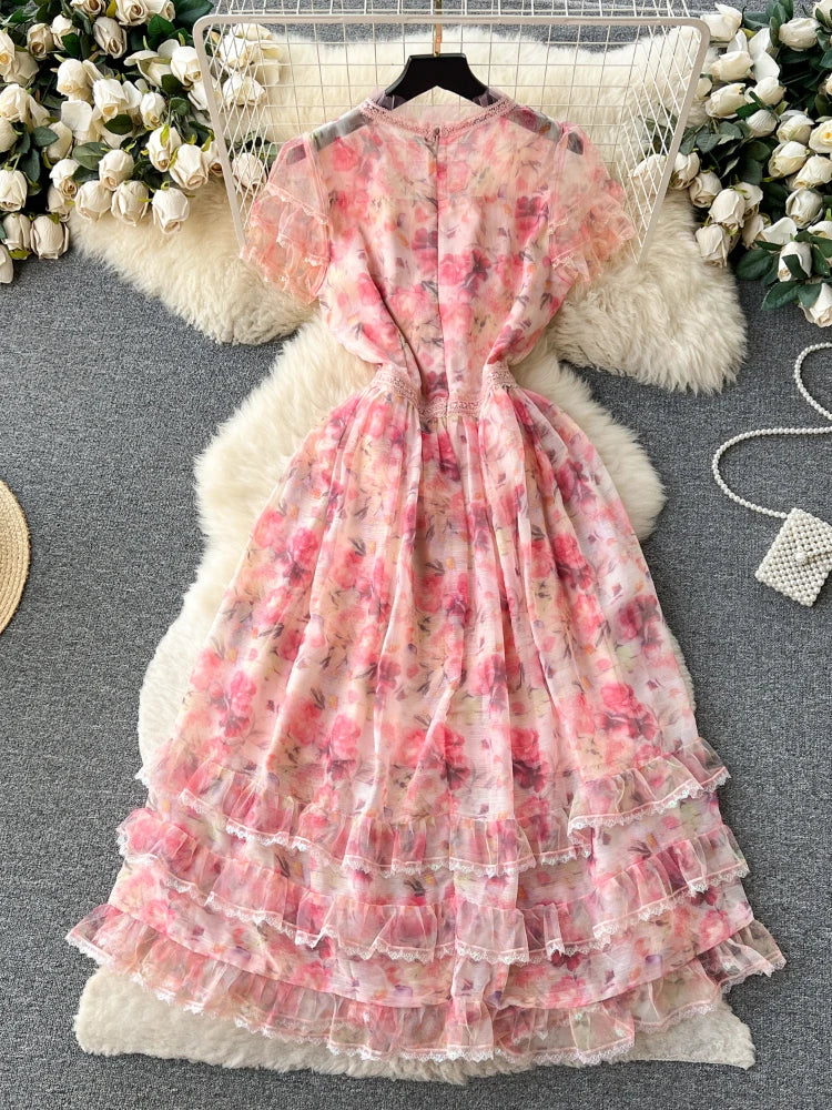 Summer Mesh Printed Dress Women Elegant Ruffle Edge Vintage High Waist Pink Party Dresses Ladies Slim A-line Floral Long Robe