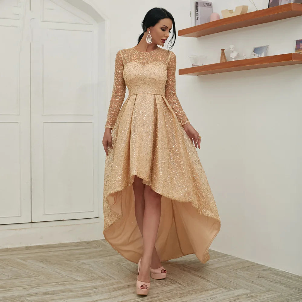 Macy Gorgeous Elegant Perspective Long Sleeve Crewneck Lace Sequins Party Dinner Wedding Lady Small Tail Dress