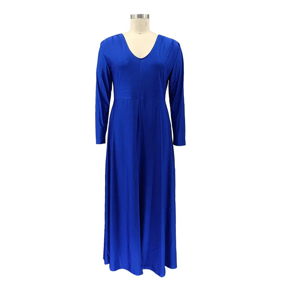 Maxy Plus Size Party Dresses Women Clothing 2024 V Neck Long Sleeve Solid Loose Elegant Maxy Dresses