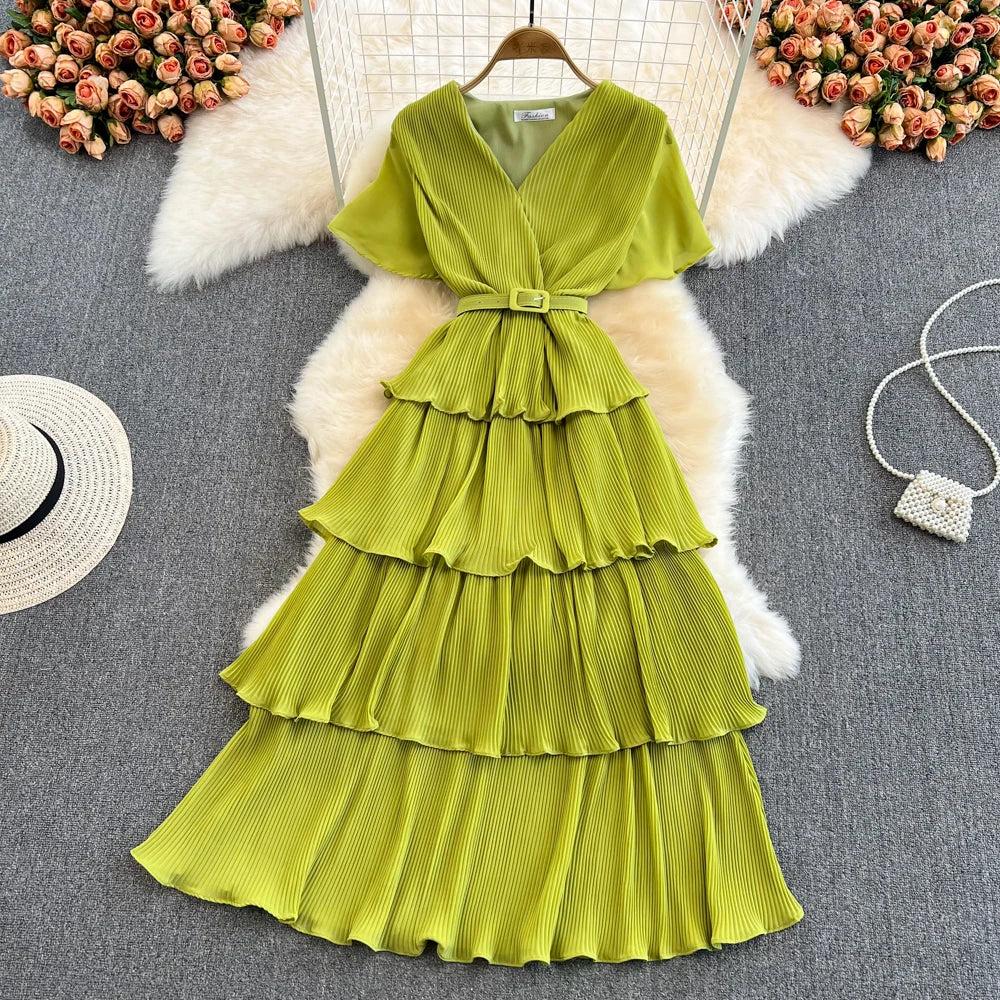 Babs Summer Beach Long Dress Women Elegant V-Neck Short Sleeve Cascading Ruffles Big Swing Female Red/Green/Pink Maxy Robe