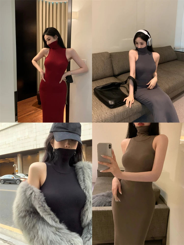 Maxy Elegant Black Sleeveless Turtleneck Bodycon Sexy Dress for Women Club Party Tank Maxi Dresses Skinny Fashion Summer dress