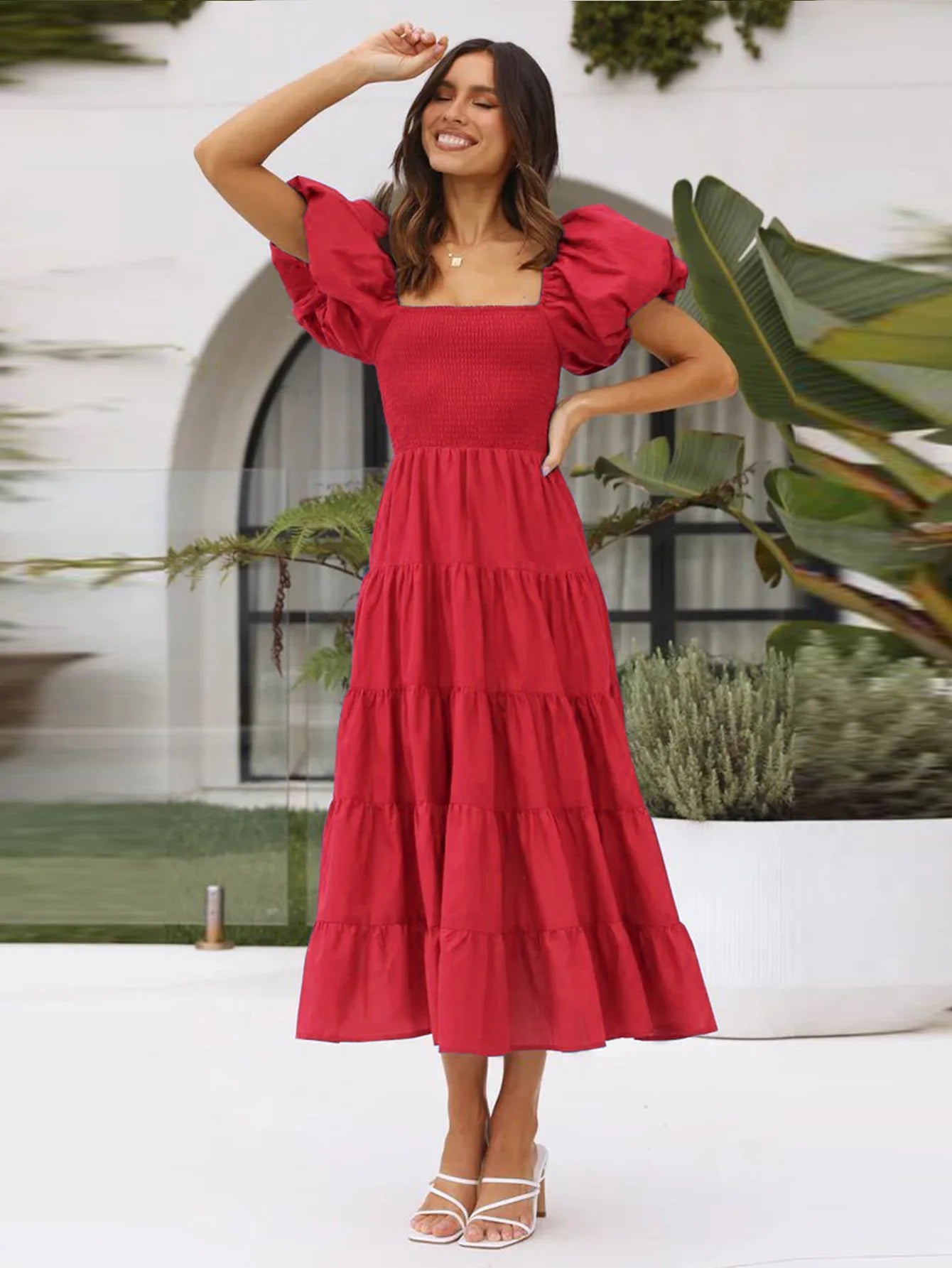 Macy Dress Red Ladies Square Neck Low Back Short Sleeve Puff Sleeve Pleated A-Line Dress Summer Casual Holiday Dress