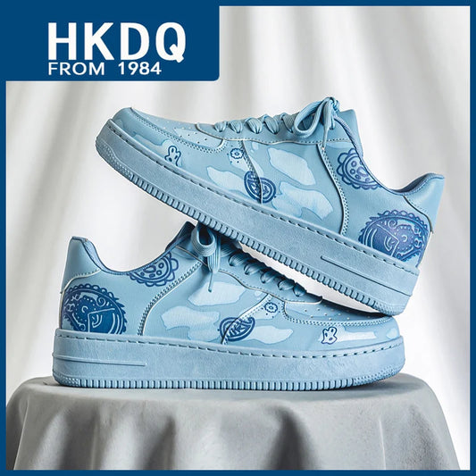 Maxy Fashion Print Blue Men's Skateboard Shoes Leather Breathable Man Casual Sneakers Platform Non-slip Men Skateboarding Shoes