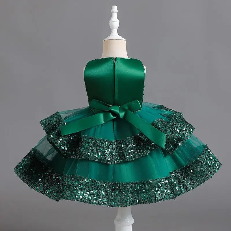 Summer New Beaded Bow Tie Sequin Mesh Children's Sleeveless Evening Dress School Graduation Party Multi Layered Dress