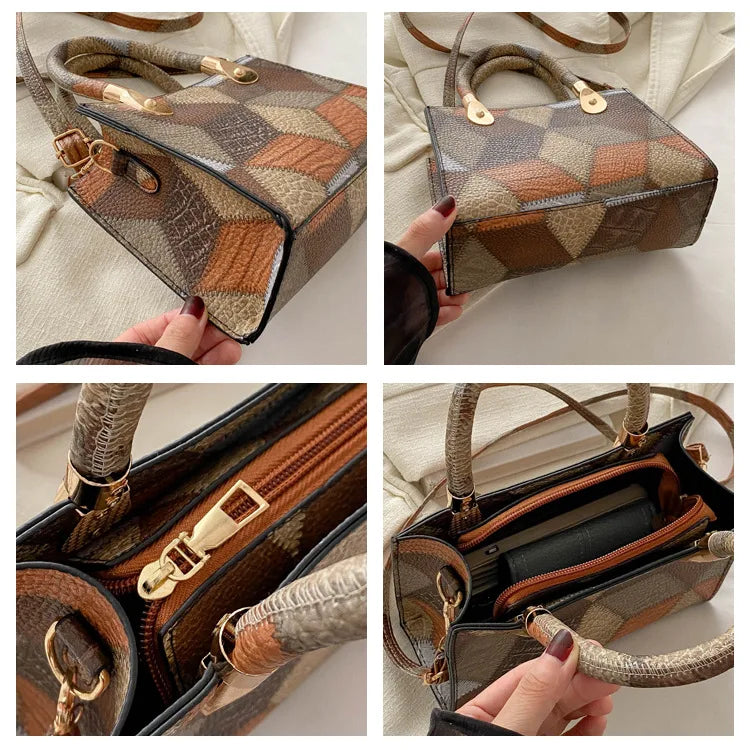 Maxy Fashion Patchwork Leather PU Top-handle Bags For Women, Square Design Ladies Handbags Crossbody Shoulder Bags For Daily Used