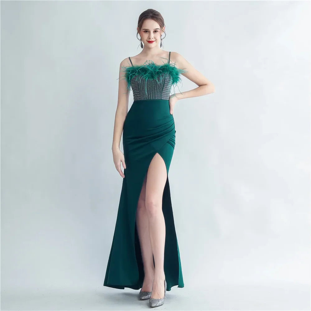 Babs Sequin Sexy Bust Beading With Feather Spaghetti Strap Slit Long Mermaid Party Night Dresses