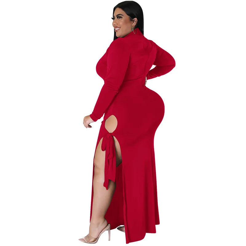 Maxy Plus Size Fall Clothing Women Long Sleeve Fashion High Slit Split Sexy Hollow Out Long Maxy Dress