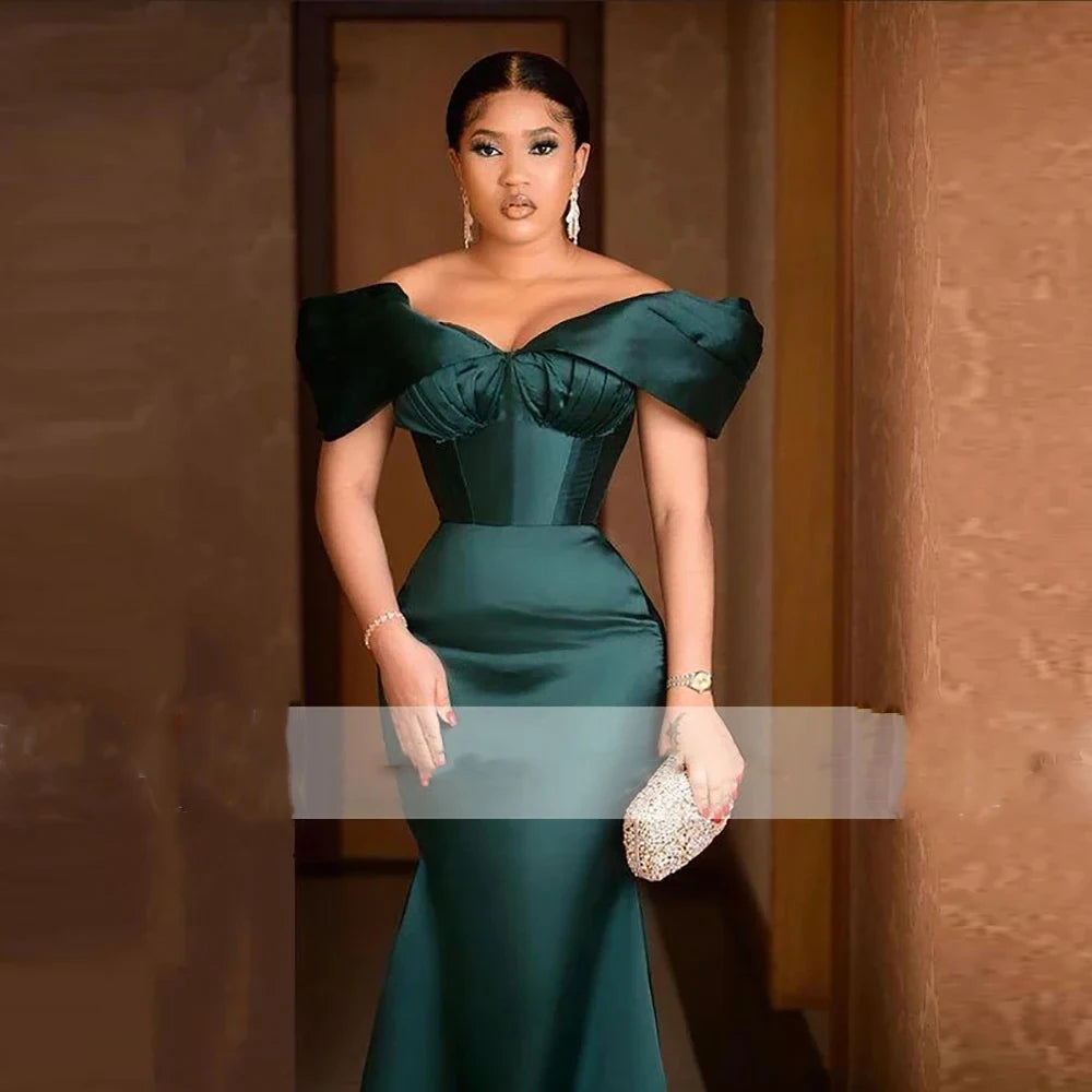 Dark Green Babs Evening Dresses Off Shoulder Satin Ruffled Long Robe Femme African Plus Size Pleated Formal Party Prom Gowns