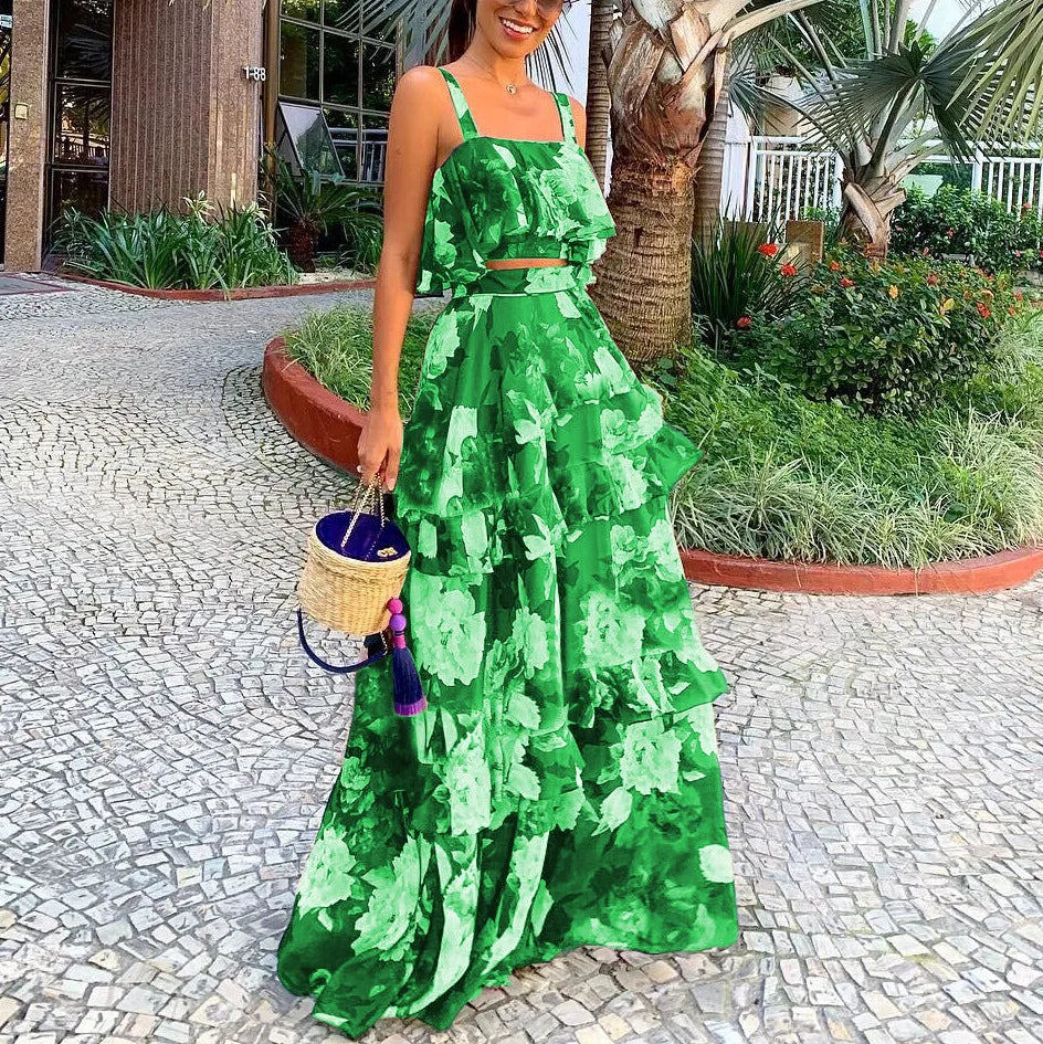 Maxy 2 Piece Set Women Stylish Floral Elegant Printed Sleeveless Short Top+Loose High Waist Pleated Long Skirt Sets