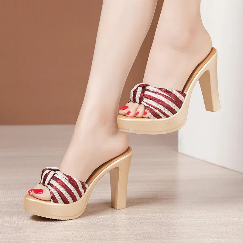 Big Size Gacy 32-43 Open Head Bow Stripe Slides Women Shoes Sumer 2024 High Heels Slippers Ladies Office Beach Slippers