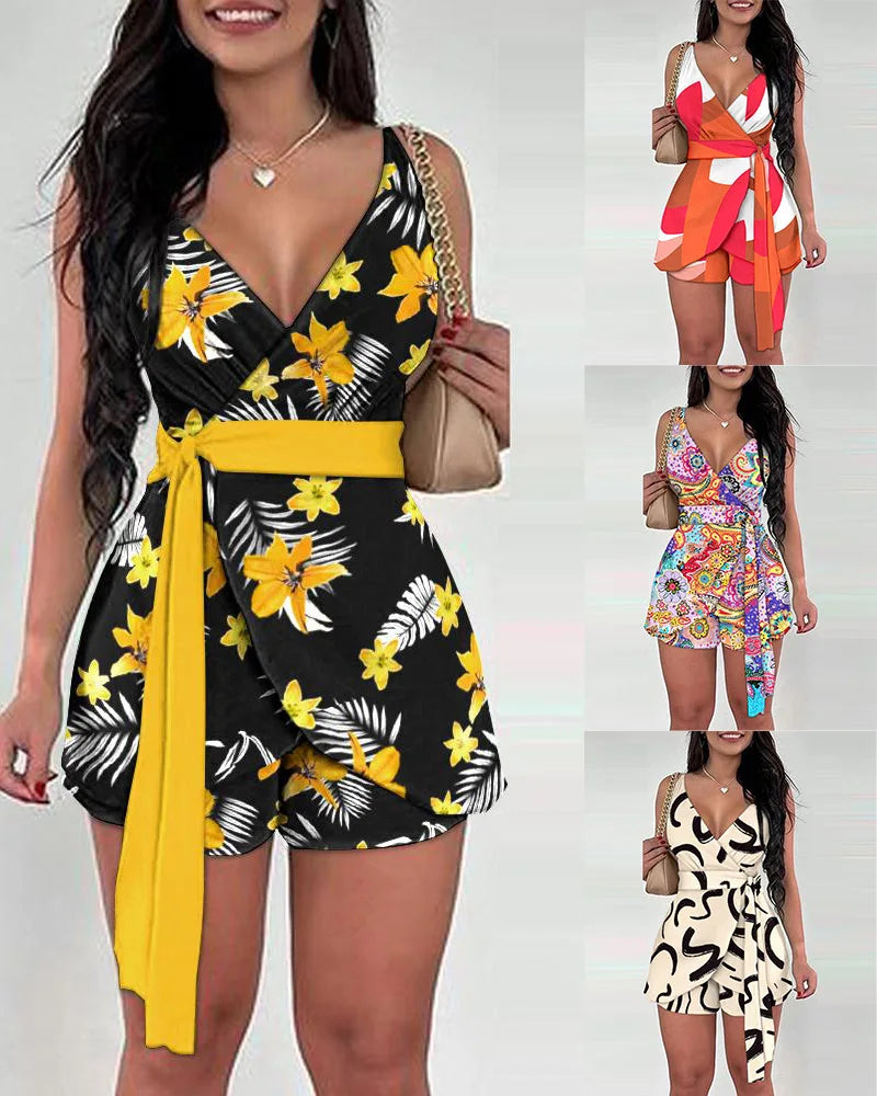 Babs Spring Summer Fashion Floral Slim Casual Two Piece Sets Elegant Women Sexy V-neck Sleeveless Wrap Lace Up Top & Shorts Set