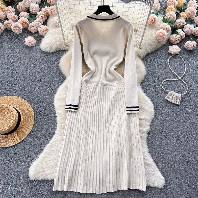 Maxy Simple Temperament Dress 2024 Autumn Winter Classic Striped Color Blocking Waist Cinching Slimming Lapel Knitted