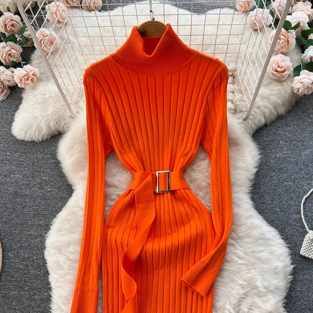 Babs Green Winter Turtleneck Sexy Women Dress Autumn Long Sleeve Skinny Macy  Bodycon Casual Sweater With Belt Party Club