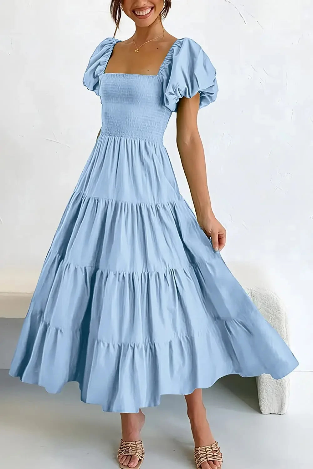 Maxy Dress Women Clothing Ruffles Ruched A-Line Frock Square Neck Short Sleeve Dress Vacation Streetwear Outfits Summer
