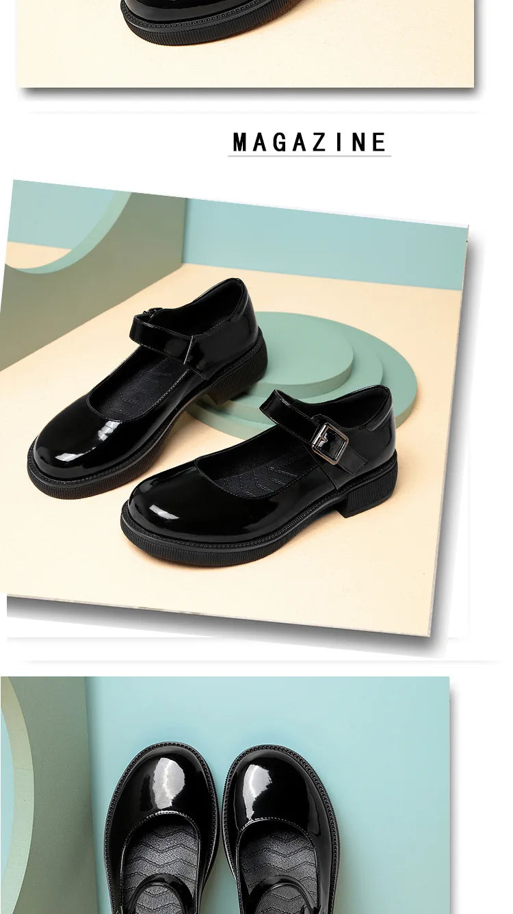 Maxy 3.5cm Breathable Shallow Mouth Bright Leather Shoes Women Mary Janes 2025 Fall Med Square Heels Sheos Black for Office Mom