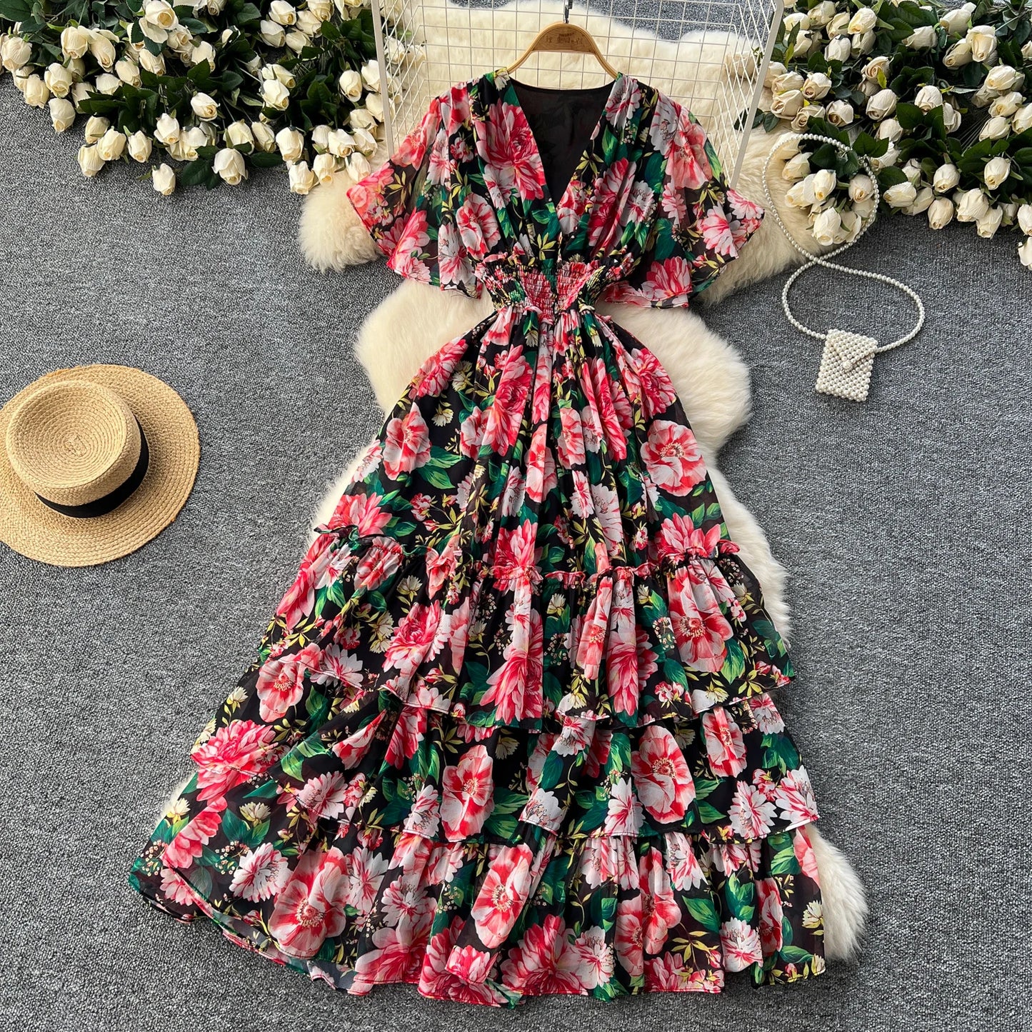 Maxy v neck Butterfly sleeve print elegant summer Dress A-line Flare Sleeve Vacation print Women dresses