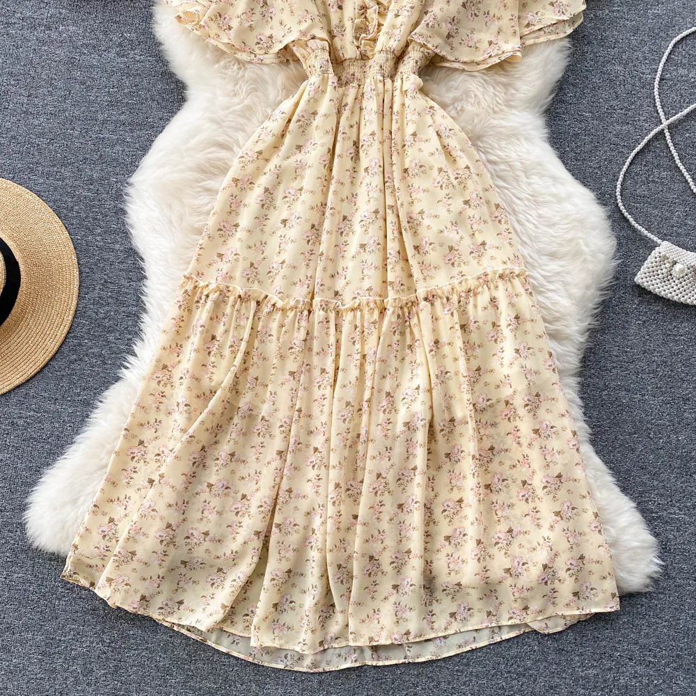 Maxy Ruffled Women Summer Long Dress 2024 Elastic Waist V Neck Vacation Chic Elegant Ladies A Line Slim Beach Dresses