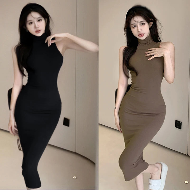 Babs Sexy Fashion Party Nightclub Solid Color High Neck Slim Fit Sexy Fashion Sleeveless Wrapped Hip Tank Top Summer Dress