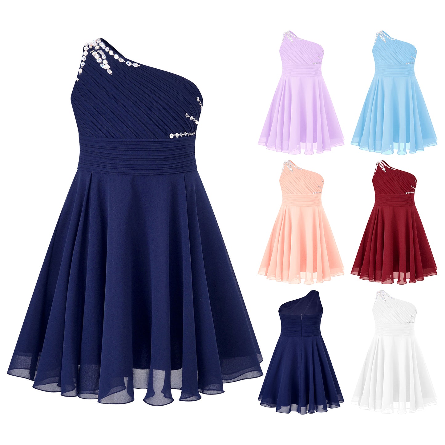 Macy Girls Elegant Beaded Party Dress One Shoulder A-Line Chiffon Princess Dresses Wedding Birthday Prom Evening Gown