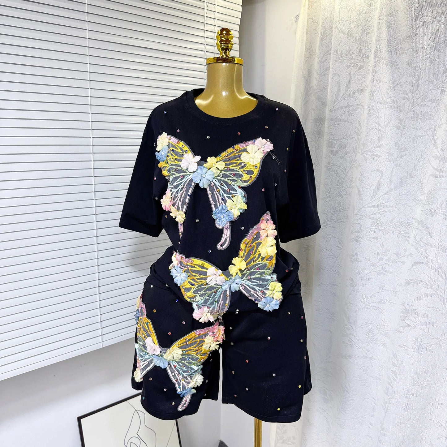 Maxy Fashion Butterfly Floral Beading Women's Set T-shirt and Shorts 2025 Summer Active Two 2 Piece Sets Outfit Tracksuit