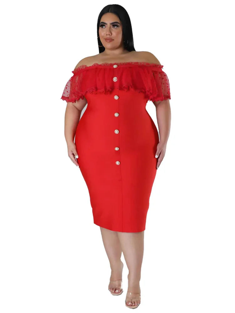 Maxy Plus Size Party Dress Women Clothing Solid Mesh Patchwork Off Shoulder Dress Fashion Outfits