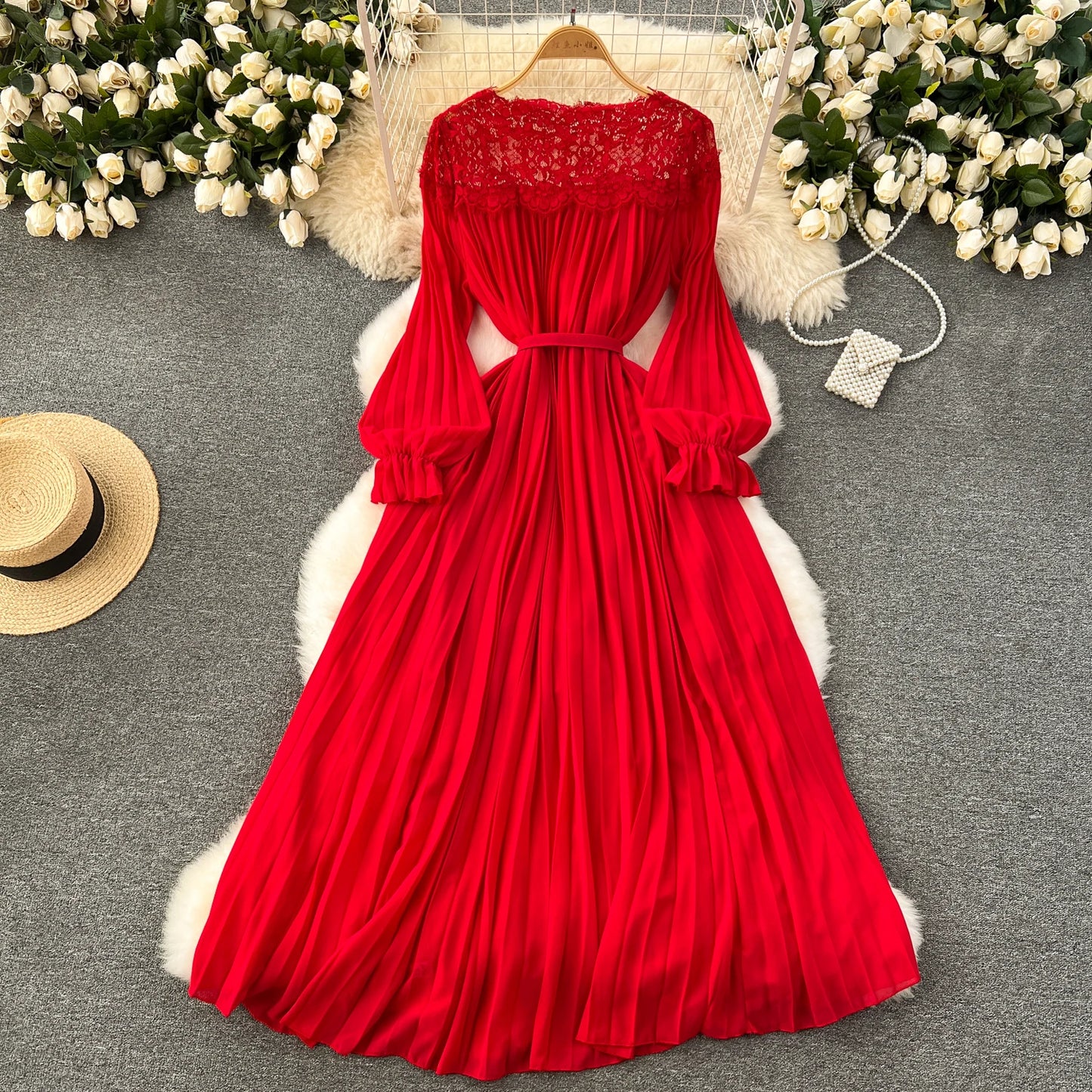 Spring Summer Women Hollow Out Lace Patchwork Pleated Long Dress Vintage Red/Blue/Purple Draped Maxi Vestidos Female Robe New