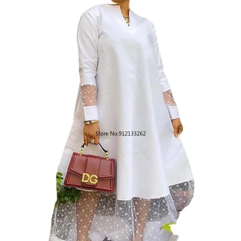 White Dresses for Women V Neck Long Sleeves Lace Patchwork Floor-Length Elegant Casual Loose Spliced Evening Party Vestidos 2024