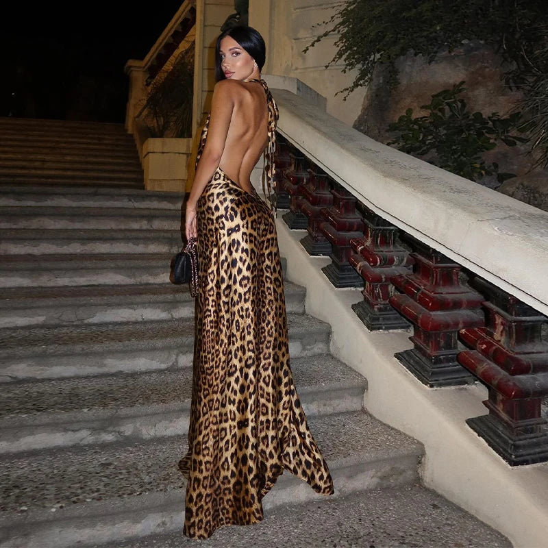 Maxy Sexy Babs Backless Leopard Printed Halter Long Dress Elegant Swing Collar Sleeveless Dresses Chic Lady Party Gowns Club Robes