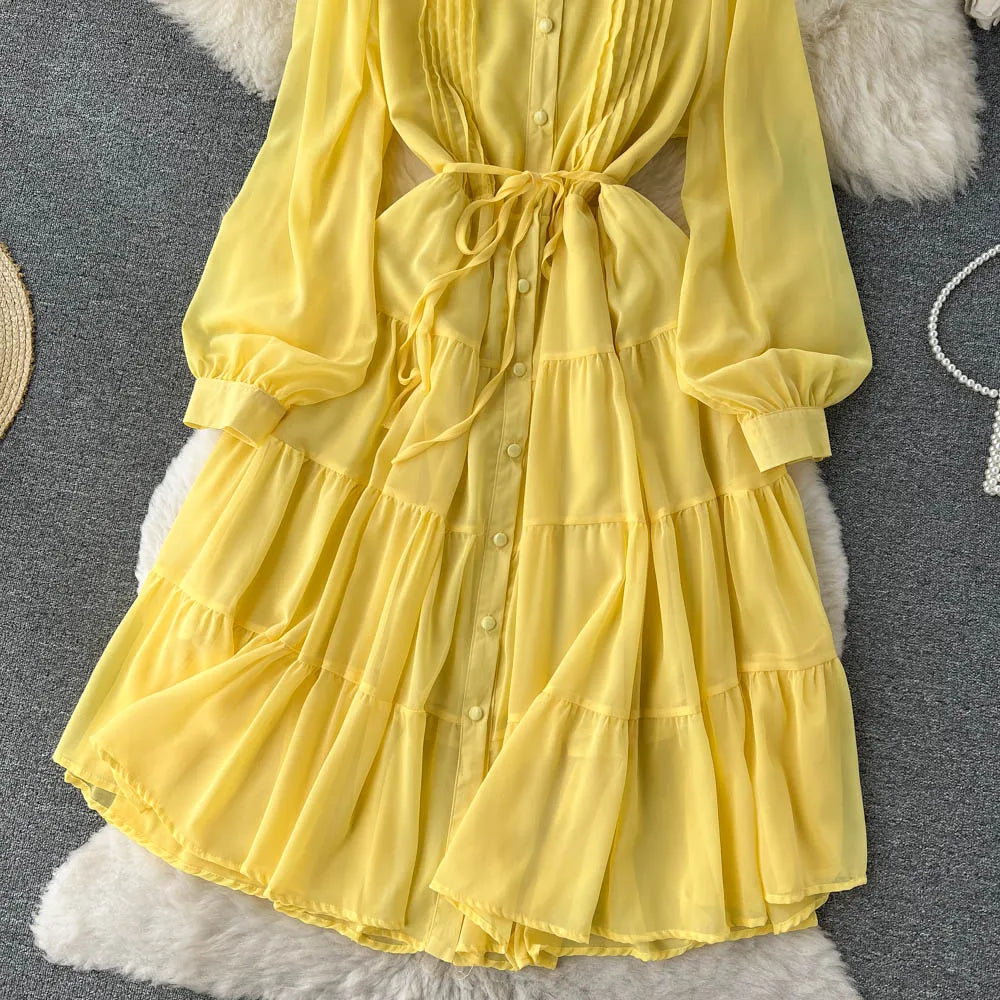 Maxy Spring Autumn Women Purple/Yellow/Blue Draped Chiffon Midi Dress Elegant Stand Collar Single Breasted Lantern Sleeve dress