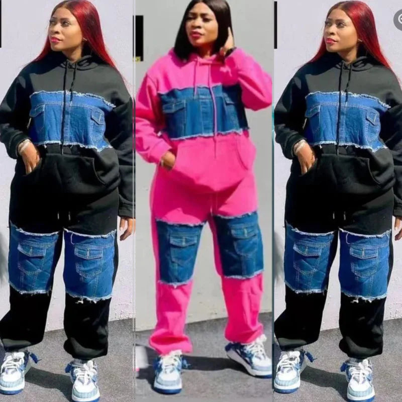 Maxy Fashion 2 Piece Women Set Thick Warm Long Sleeve Denim Patchwork Top And Pants Suit Streetwear
