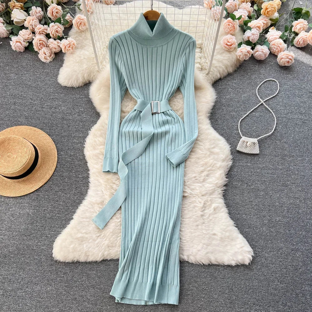 Babs Green Winter Turtleneck Sexy Women Dress Autumn Long Sleeve Skinny Macy  Bodycon Casual Sweater With Belt Party Club