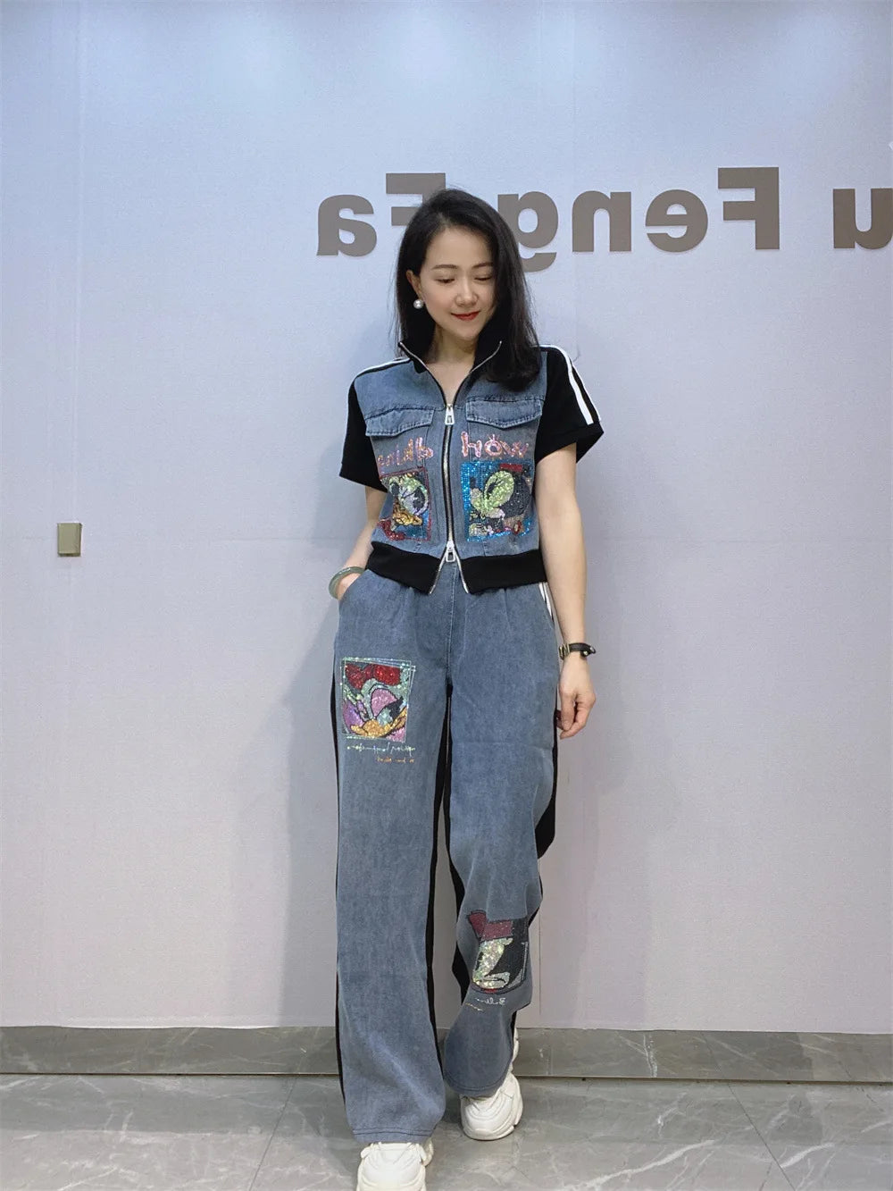 Maxy Short Zipper Cardigan and Pant Two-piece Sets Women Summer Fashion Sportswear Short Sleeve Top Long Pants Hot Diamond Denim Suit