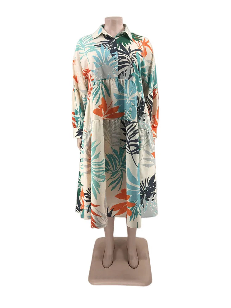 Maxy Plus Size Women Clothing Dresses Xl-5xl Flower Printed Long Sleeve Shirts Elegant Dress.