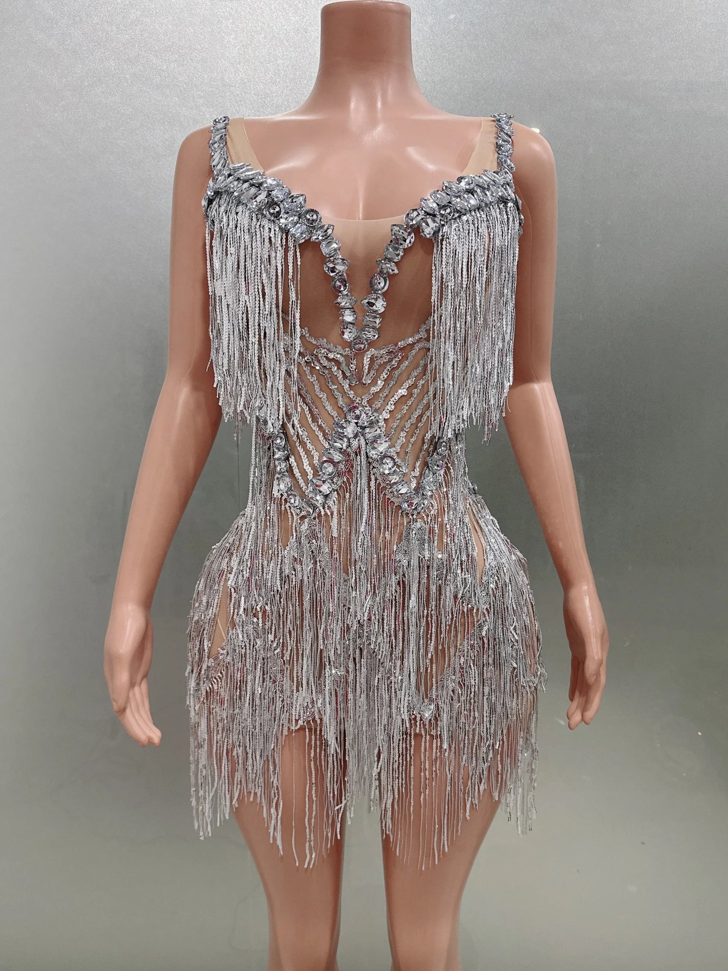 Babs Sleeveless Sexy V-Neck Sequins Fringes Crystal Bodycon Mini Dress Celebrate Nightclub Party Birthday Photo Shot Dress