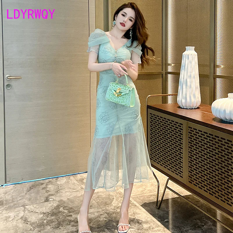 Maxy New V-Neck Slim Fit Mesh Fishtail Dress Mesh lace