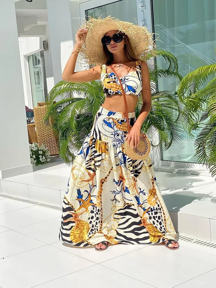 Babs Style Print Skirt Two Piece Set For Women Sexy Crop Camisole Casual Beach Holiday A-line Skirts 2 Piece Sets Female New