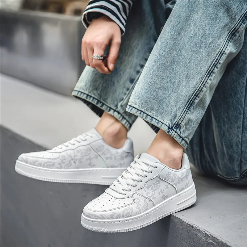 Maxy Fashion Print Blue Men's Skateboard Shoes Leather Breathable Man Casual Sneakers Platform Non-slip Men Skateboarding Shoes